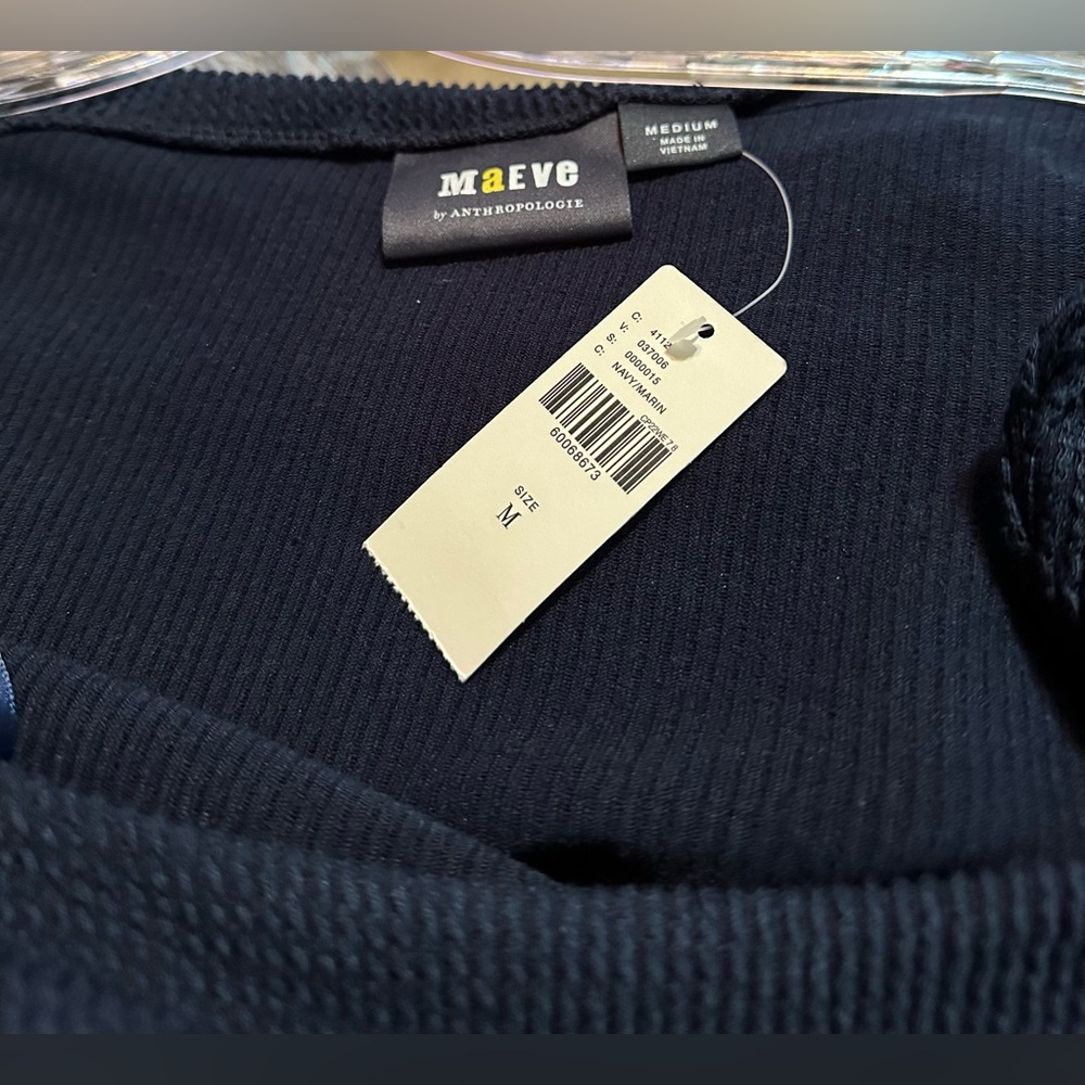 Anthropologie Maeve Boat Neck Top Textured Long Sleeve Navy Blue Size M NWT - Picture 3 of 4